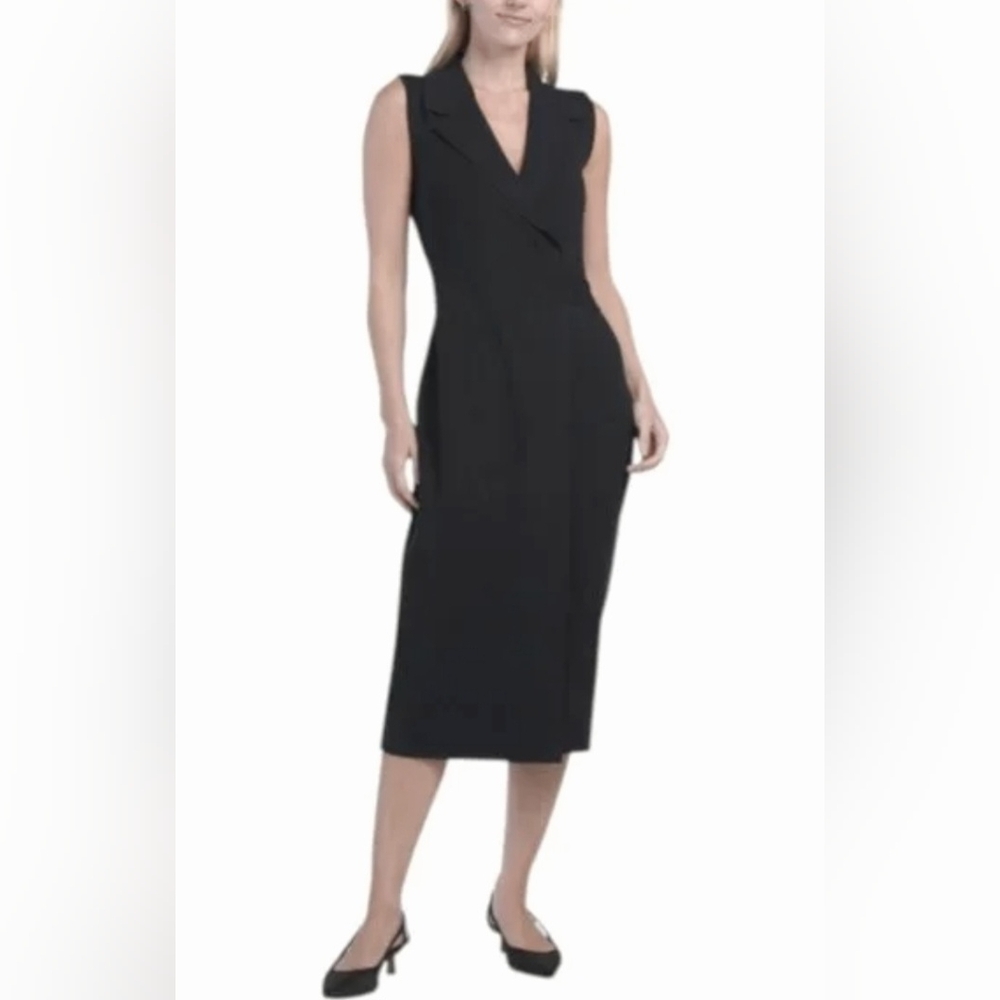 Elie Tahari Classic Black Knit Sleeveless Midi Faux Wrap Dress Sz L (12/14)